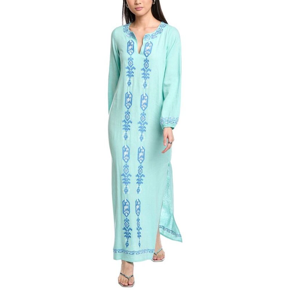 Sail To Sable Womens Embroidered Linen-Blend Caftan, Green